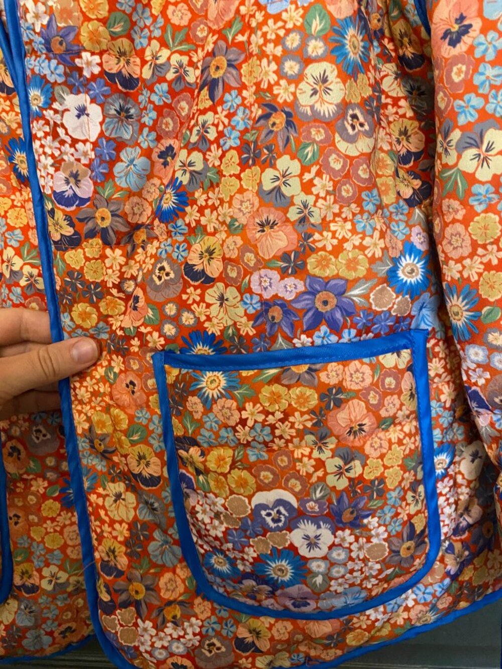 Womens Floral Quilted Jacket Medium Orange Blue Lightweight Puffer Coat Boho Poc - Picture 8 of 9